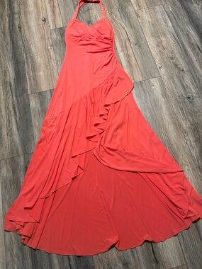 Jodi Kristopher Coral Halter Ruffle Maxi Dress